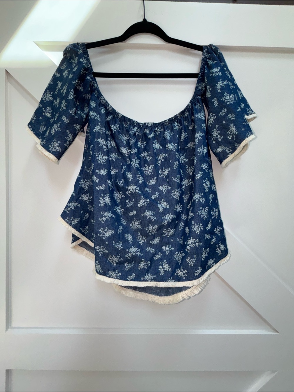 Potter's Pot Blue Floral Scoop-Neck Blouse with Fringe Trim